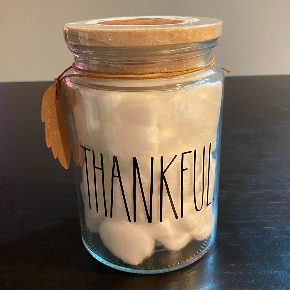 Rae Dunn “THANKFUL” storage jar with cotton balls
